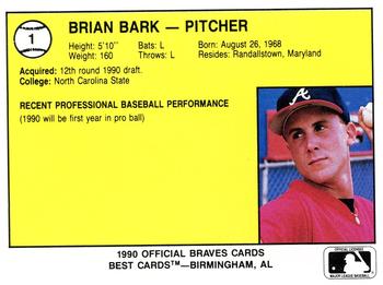 1990 Best Pulaski Braves #1 Brian Bark  Back
