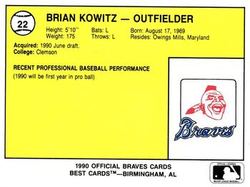1990 Best Pulaski Braves #22 Brian Kowitz  Back