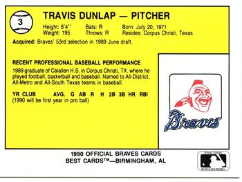 1990 Best Pulaski Braves #3 Travis Dunlap  Back