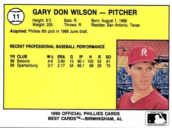1990 Best Reading Phillies #11 Gary Wilson  Back