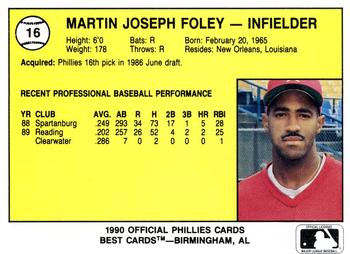1990 Best Reading Phillies #16 Martin Foley  Back