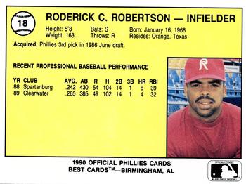 1990 Best Reading Phillies #18 Roderick Robertson  Back