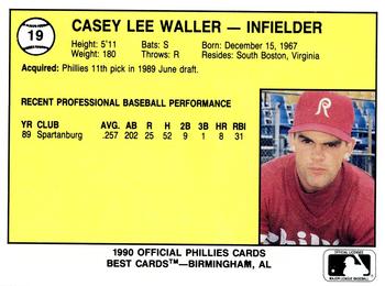 1990 Best Reading Phillies #19 Casey Waller  Back