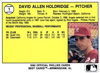 1990 Best Reading Phillies #1 David Holdridge  Back
