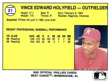 1990 Best Reading Phillies #21 Vince Holyfield  Back