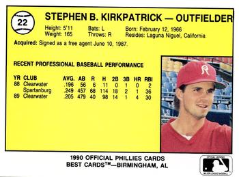 1990 Best Reading Phillies #22 Stephen Kirkpatrick  Back