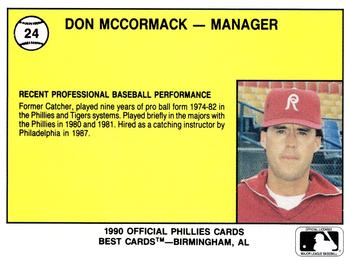 1990 Best Reading Phillies #24 Don McCormack Back