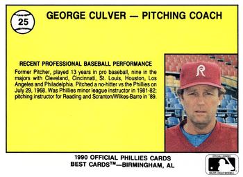 1990 Best Reading Phillies #25 George Culver Back
