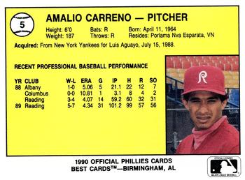 1990 Best Reading Phillies #5 Amalio Carreno  Back