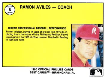1990 Best Reading Phillies #6 Ramon Aviles Back