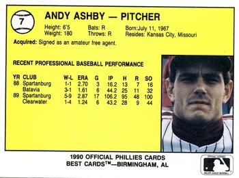 1990 Best Reading Phillies #7 Andy Ashby  Back