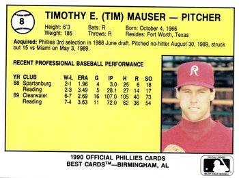 1990 Best Reading Phillies #8 Tim Mauser  Back