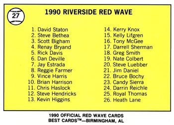 1990 Best Riverside Red Wave #27 Checklist  Back