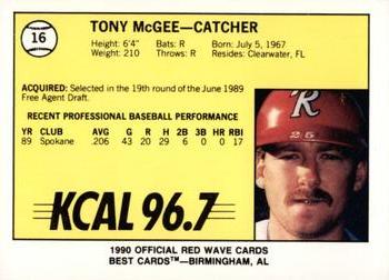 1990 Best Riverside Red Wave #16 Tony McGee  Back