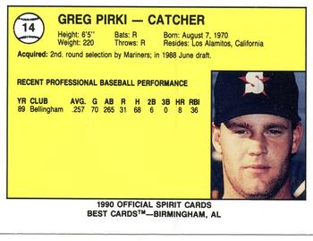 1990 Best San Bernardino Spirit #14 Greg Pirkl Back