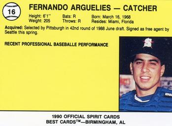 1990 Best San Bernardino Spirit #16 Fernando Arguelles Back