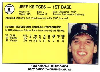 1990 Best San Bernardino Spirit #6 Jeff Keitges  Back