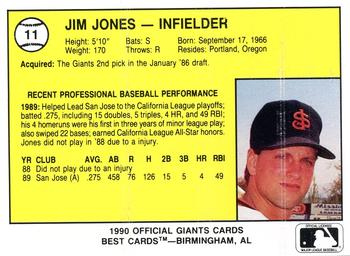 1990 Best San Jose Giants #11 Jim Jones  Back