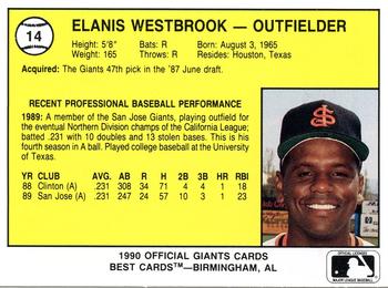 1990 Best San Jose Giants #14 Elanis Westbrooks  Back