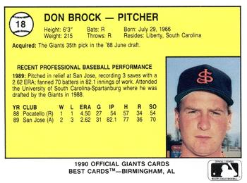 1990 Best San Jose Giants #18 Don Brock  Back