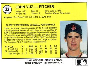 1990 Best San Jose Giants #22 John Vuz  Back