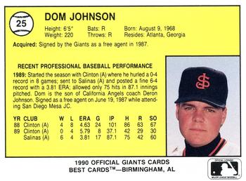 1990 Best San Jose Giants #25 Dom Johnson  Back