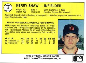 1990 Best San Jose Giants #2 Kerry Shaw  Back