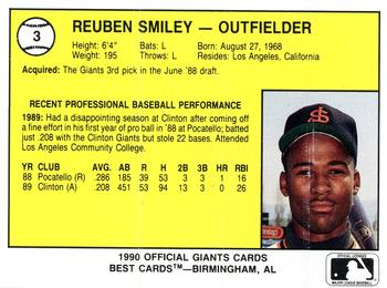 1990 Best San Jose Giants #3 Reuben Smiley  Back