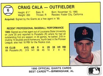 1990 Best San Jose Giants #6 Craig Cala  Back