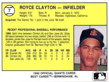 1990 Best San Jose Giants #7 Royce Clayton  Back