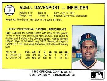 1990 Best San Jose Giants #8 Adell Davenport  Back