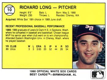 1990 Best South Bend White Sox #10 Richard Long  Back
