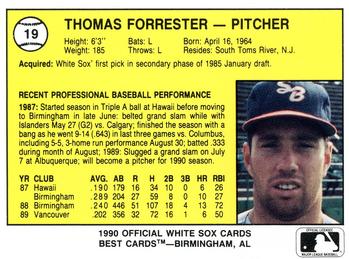 1990 Best South Bend White Sox #19 Thomas Forrester  Back