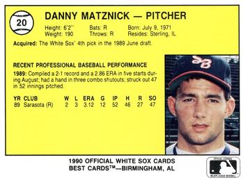 1990 Best South Bend White Sox #20 Danny Matznick  Back