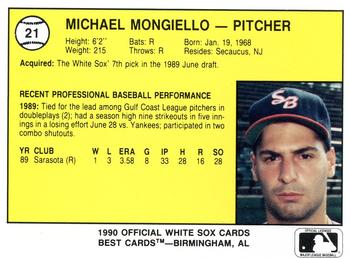 1990 Best South Bend White Sox #21 Michael Mongiello  Back