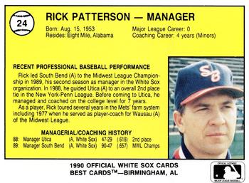 1990 Best South Bend White Sox #24 Rick Patterson Back