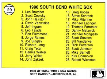 1990 Best South Bend White Sox #29 Jim Reinebold Back