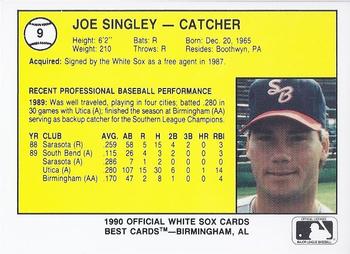 1990 Best South Bend White Sox #9 Joe Singley  Back