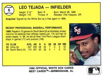 1990 Best South Bend White Sox #6 Leo Tejada  Back