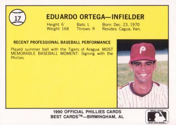 1990 Best Spartanburg Phillies #17 Eduardo Ortega  Back