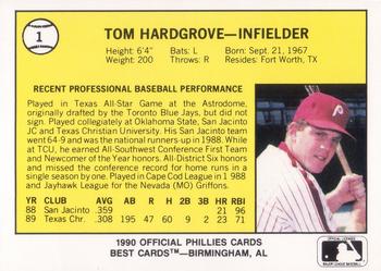 1990 Best Spartanburg Phillies #1 Tom Hardgrove  Back