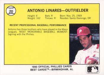 1990 Best Spartanburg Phillies #20 Antonio Linares  Back