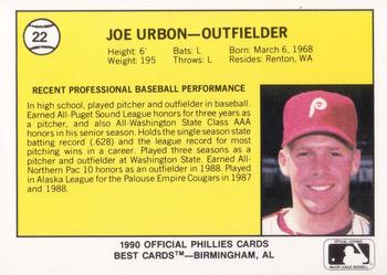 1990 Best Spartanburg Phillies #22 Joe Urbon  Back