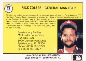 1990 Best Spartanburg Phillies #29 Rick Zolzer Back
