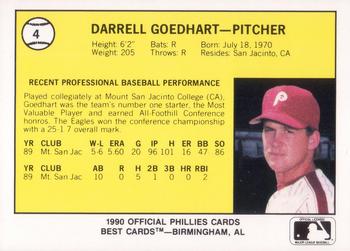 1990 Best Spartanburg Phillies #4 Darrell Goedhart  Back