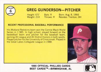 1990 Best Spartanburg Phillies #6 Greg Gunderson  Back