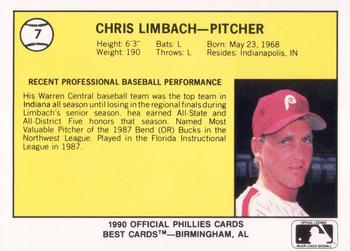 1990 Best Spartanburg Phillies #7 Chris Limbach  Back