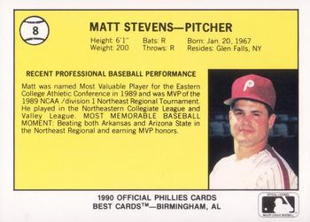 1990 Best Spartanburg Phillies #8 Matt Stevens  Back