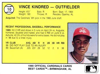 1990 Best Springfield Cardinals #10 Vince Kindred  Back
