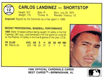 1990 Best Springfield Cardinals #12 Carlos Landinez  Back